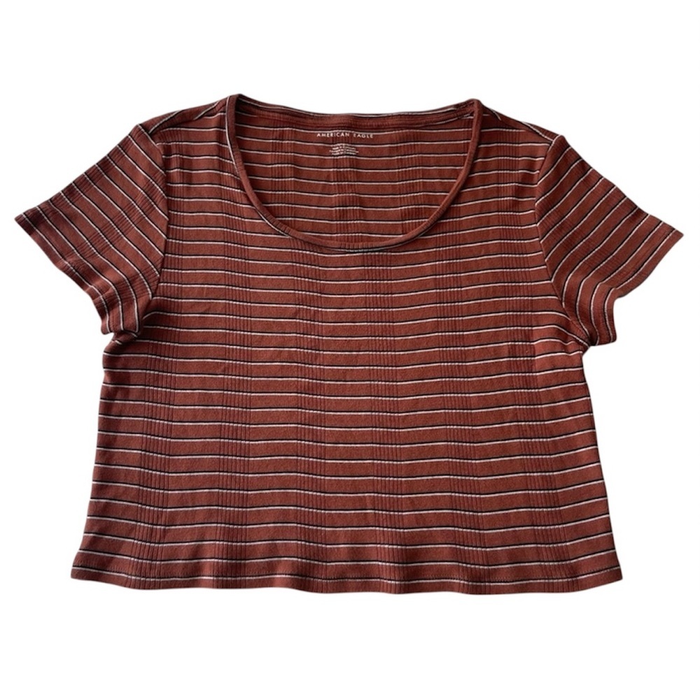 100% Cotton American Eagle, Brown Cream & Black Striped Crop Top, Sz Large EUC